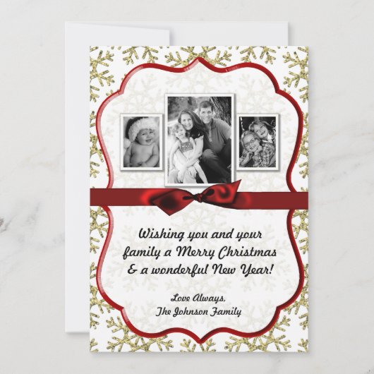 5x7クリスマスクリスマス金ゴールドスノーフレークGlittフォトカード シーズンカード (正面)