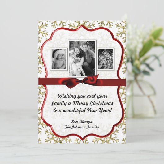 5x7クリスマスクリスマス金ゴールドスノーフレークGlittフォトカード シーズンカード (スタンド正面)