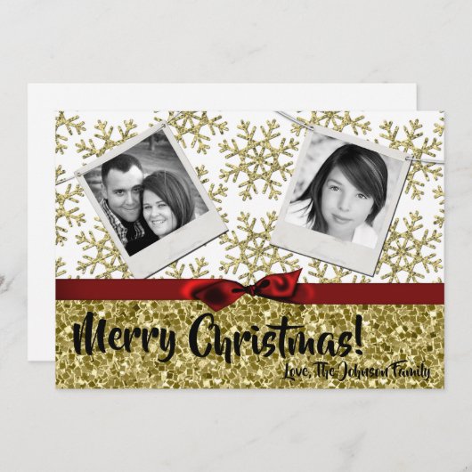 5x7クリスマスクリスマス金ゴールドスノーフレークGlittフォトカード シーズンカード (正面/裏面)