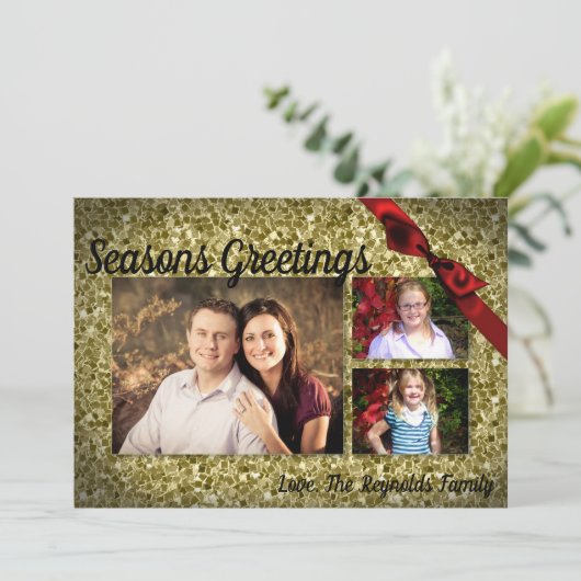 5x7クリスマスクリスマス金ゴールドスノーフレークGlittフォトカード シーズンカード (スタンド正面)