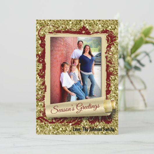 5x7クリスマスクリスマス金ゴールドスノーフレークGlittフォトカード シーズンカード (スタンド正面)