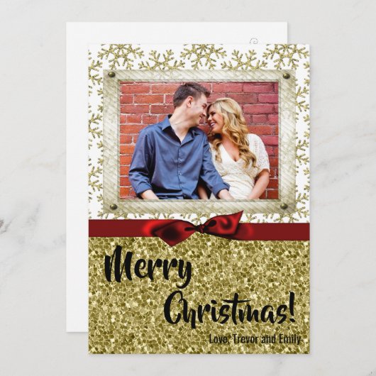 5x7クリスマスクリスマス金ゴールドスノーフレークGlittフォトカード シーズンカード (正面/裏面)