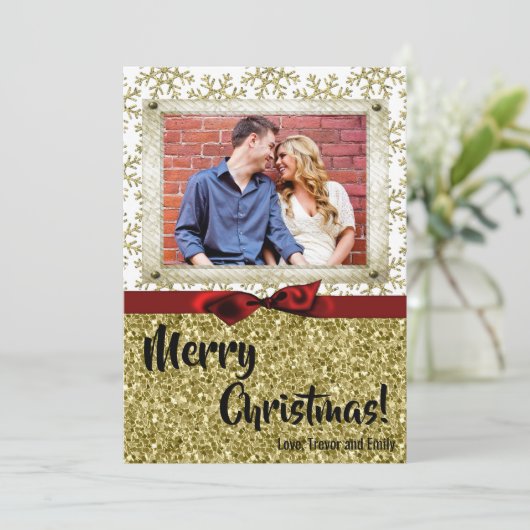 5x7クリスマスクリスマス金ゴールドスノーフレークGlittフォトカード シーズンカード (スタンド正面)
