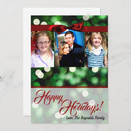5x7クリスマスグリーン《写真》ぼけ味ライトトゥインクルフォトカード シーズンカード (正面/裏面)