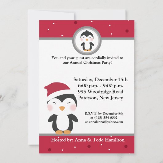 5x7クリスマスハットペンギン招待状 招待状 (正面)