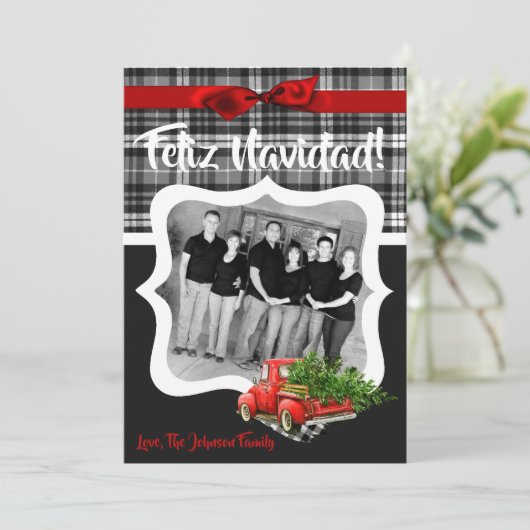 5x7クリスマスレッドクリスマストラックツリーウッドPHOTOカード シーズンカード (スタンド正面)