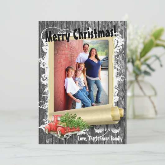 5x7クリスマスレッドクリスマストラックツリーウッドPHOTOカード シーズンカード (スタンド正面)