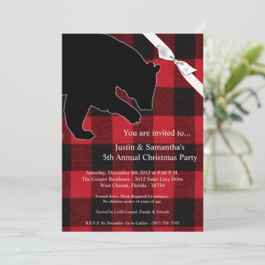 5x7クリスマス招待状レッドプレイドブラックベア 招待状 (スタンド正面)