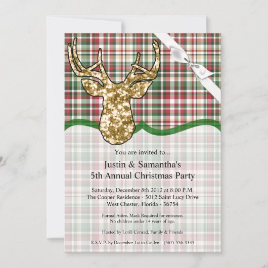 5x7クリスマス招待状金ゴールドグリッタートナカイPla 招待状 (正面)