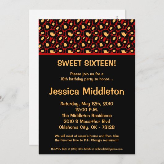 5x7クリムゾンレッドチーター16番目の誕生日招待状 招待状 (正面/裏面)