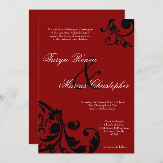 5x7クリムゾンレッドフローラリネン結婚式招待状 招待状 (正面/裏面)