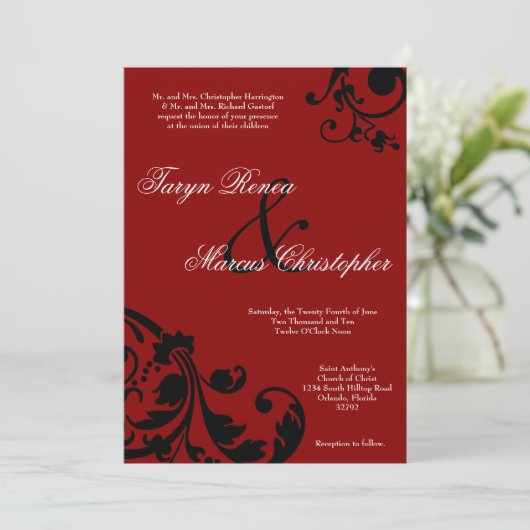 5x7クリムゾンレッドフローラリネン結婚式招待状 招待状 (スタンド正面)