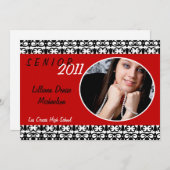 5x7クリムゾンレッドDamask写真シニアアナウンスメント 案内状 (正面/裏面)