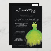 5x7グリーンドレススウィート16誕生日招待状 招待状 (正面/裏面)