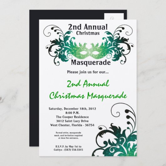 5x7グリーンマスカレードクリスマスクリスマス招待状 招待状 (正面/裏面)
