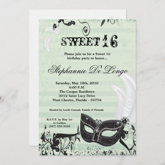 5x7グリーンマスカレードスイート16誕生日招待状 招待状 (正面/裏面)