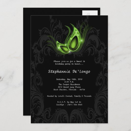 5x7グリーンマスカレードスイート16誕生日招待状 招待状 (正面/裏面)