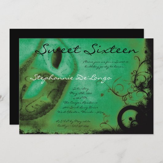 5x7グリーンマスカレードSweet 16誕生日招待状 招待状 (正面/裏面)