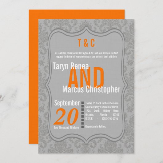 5x7グレイモダンダマスクオレンジ結婚式招待状 招待状 (正面/裏面)