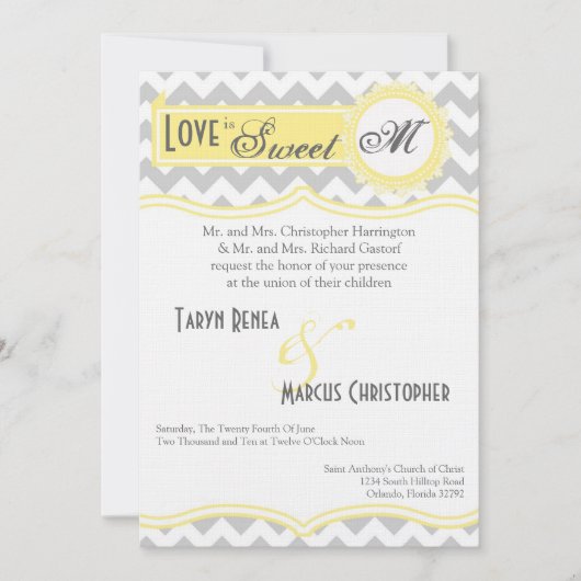 5x7グレーイエローシェブロンストライプ結婚式招待状 招待状 (正面)