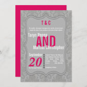 5x7グレーモダンホットピンクダマスクウェディング招待状 招待状 (正面/裏面)