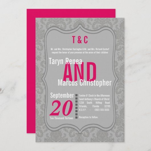 5x7グレーモダンホットピンクダマスクウェディング招待状 招待状 (正面/裏面)