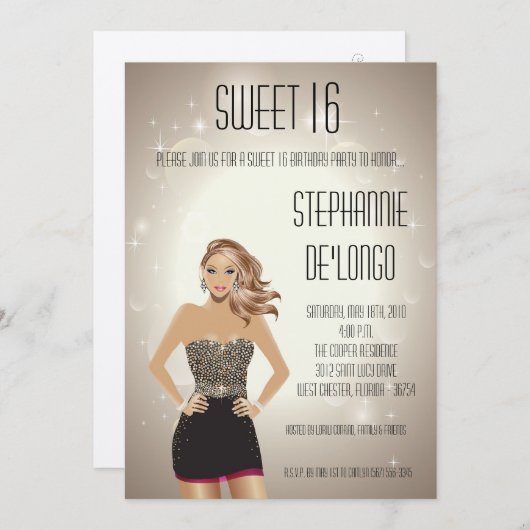 5x7サッシブロンドガールスウィート16誕生日招待状 招待状 (正面/裏面)