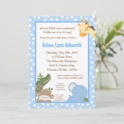 5x7サファリのジャングルのZooAnimalのベビーシャワーの招待状 招待状 (スタンド正面)