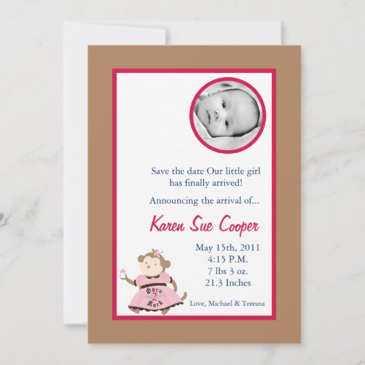 5x7サークルPHOTOガールパンクロッカーモンキーベビーショー 招待状 (正面)