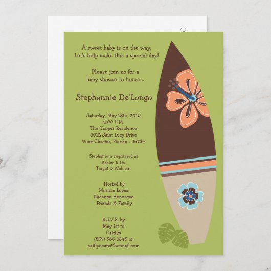 5x7サーファーベビーサーフボードベビーシャワー招待状 招待状 (正面/裏面)
