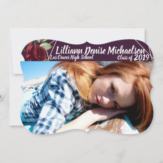 5x7シニアアナウンスメントプラムパープルバラ金ゴールド地域 案内状 (正面)