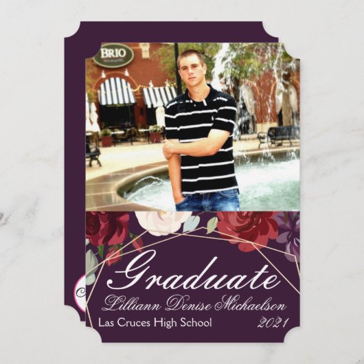 5x7シニアアナウンスメントプラムパープルバラ金ゴールド地域 案内状 (正面/裏面)