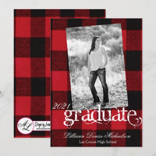 5x7シニア発表Red Buffalo Plaid Bear Bla 案内状 (正面/裏面)