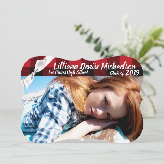 5x7シニア発表Red Buffalo Plaid Bear Bla 案内状 (スタンド正面)