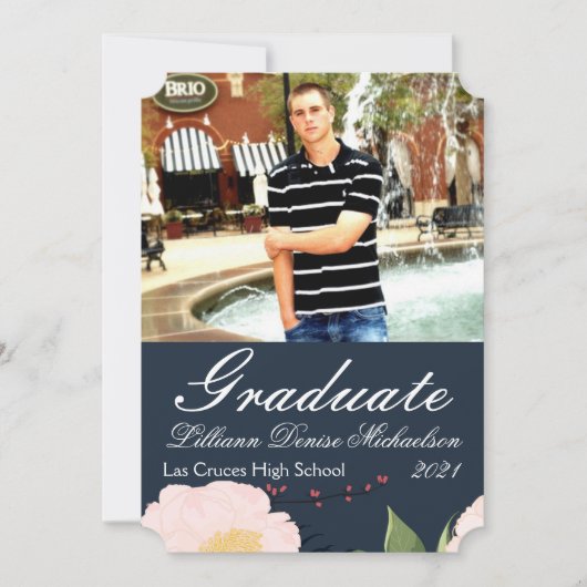 5x7シニア・アナウンスメントベビーPink Cosmos on Navy 案内状 (正面)