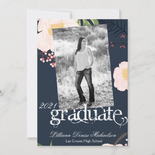 5x7シニア・アナウンスメントベビーPink Cosmos on Navy 案内状 (正面)