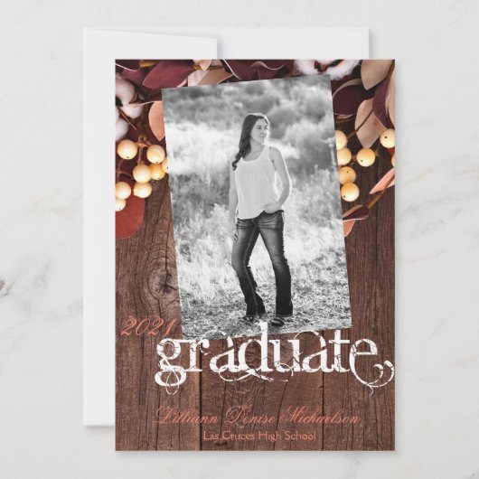 5x7シニア・アナウンスメントDark Wood上の綿花支店 案内状 (正面)