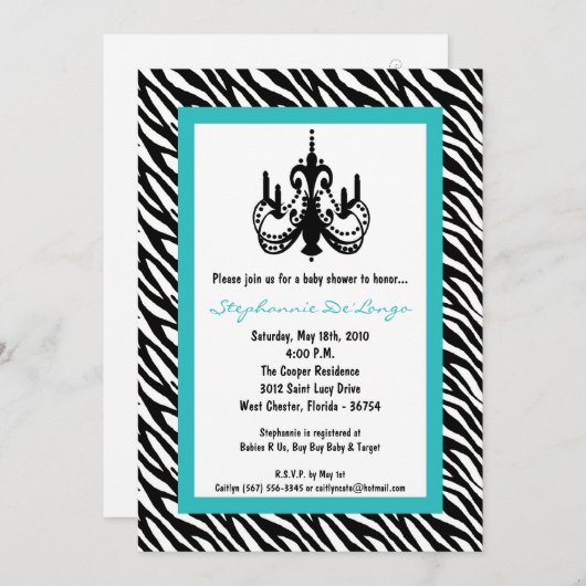 5x7シャンデリアティール(緑がかった色)ゼブラベイビーシャワー招待状 招待状 (正面/裏面)