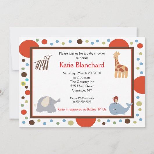 5x7ジャングルアルファベットスープドット赤ちゃんシャワー 招待状 (正面)