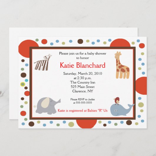 5x7ジャングルアルファベットスープドット赤ちゃんシャワー 招待状 (正面/裏面)