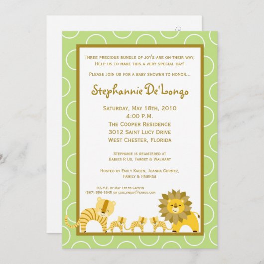 5x7ジャングルガール三つ子ベビーシャワー招待状 招待状 (正面/裏面)