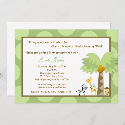 5x7ジャングルサファリの動物園の動物の誕生日の招待状 招待状 (正面/裏面)