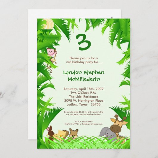 5x7ジャングルサファリの動物園の誕生日のパーティの招待状 招待状 (正面/裏面)