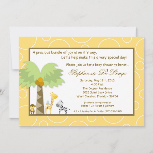 5x7ジャングルサファリ動物園Animaベビーシャワー招待状 招待状 (正面)