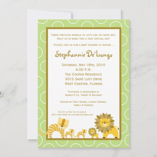 5x7ジャングルボーイギル三つ子の赤ちゃんシャワー招待状 招待状 (正面)