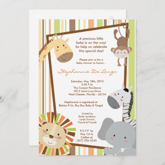 5x7ジャングルライオンモンキーベビーシャワー招待状 招待状 (正面/裏面)