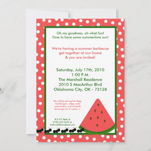 5x7スイカの夏のピクニックバーベキューの招待状 招待状 (正面)