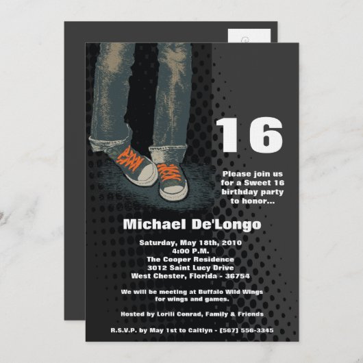 5x7スニーカーグランジ16誕生日招待状 招待状 (正面/裏面)