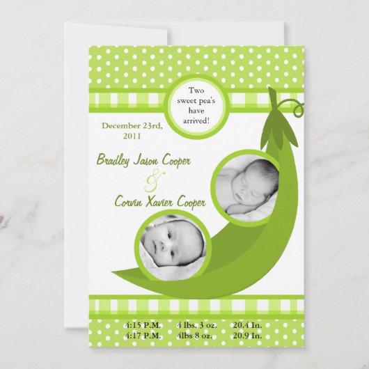 5x7ツインズピーin a Pod PHOTO Birth Announcement 案内状 (正面)