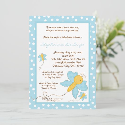 5x7ツインズブルーバタフライベビーシャワー招待状 招待状 (スタンド正面)
